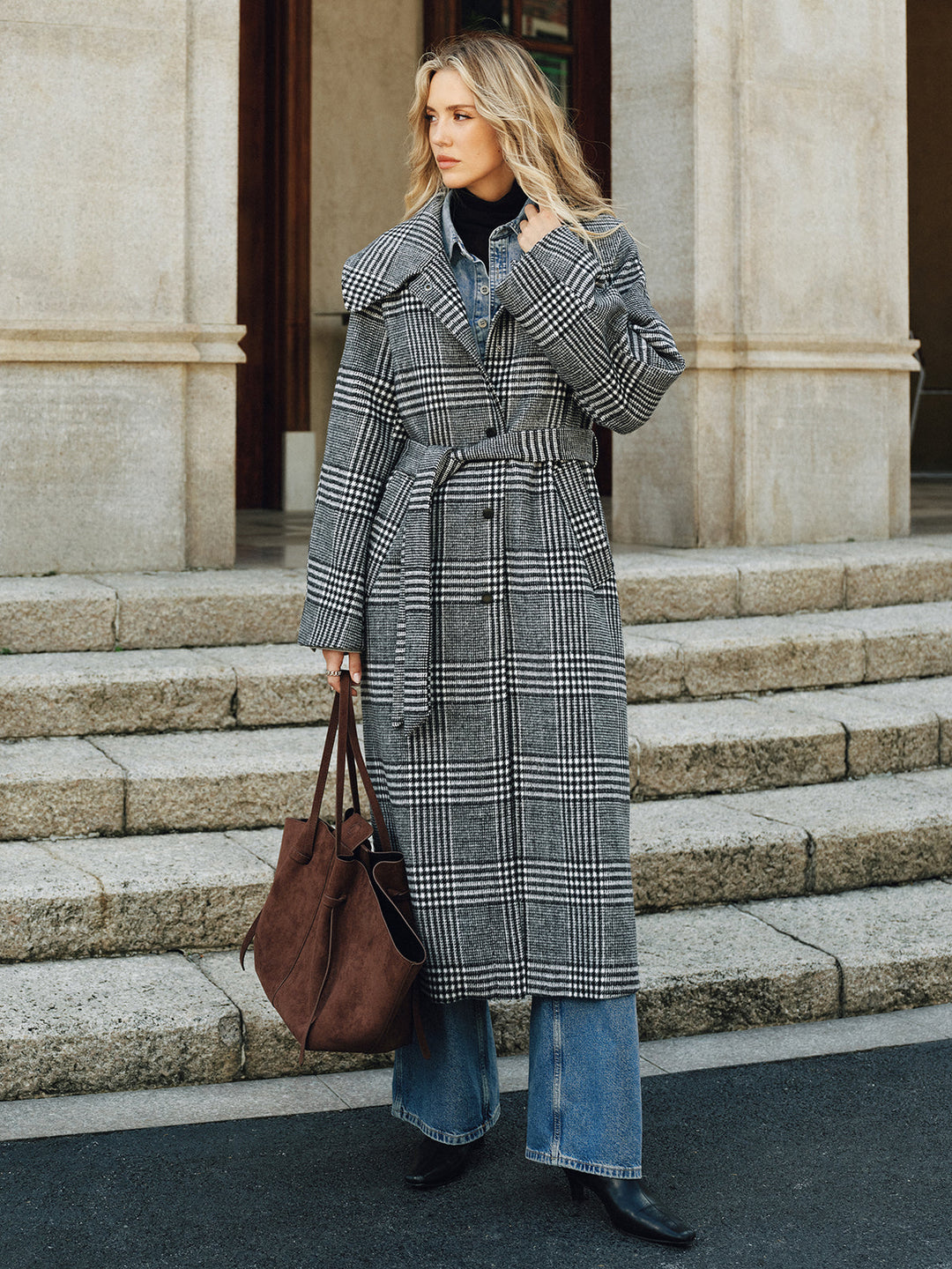 Belted Plaid Tweed Long Coat  Liora Lane Boutique Wool Coats
