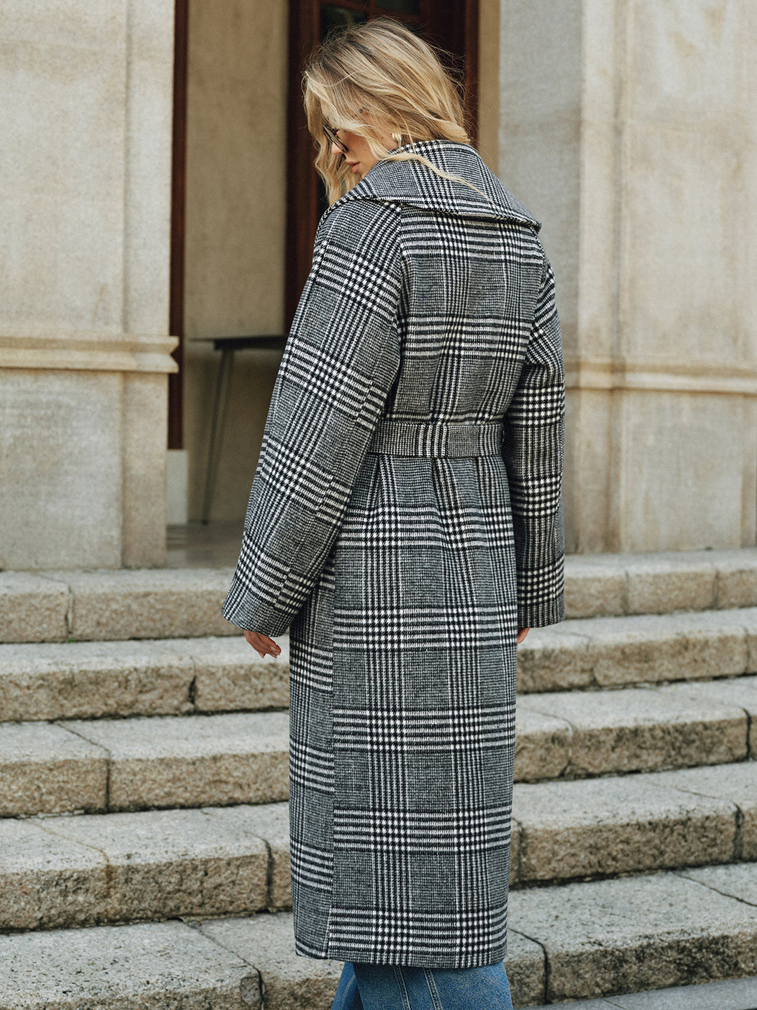 Belted Plaid Tweed Long Coat  Liora Lane Boutique Wool Coats