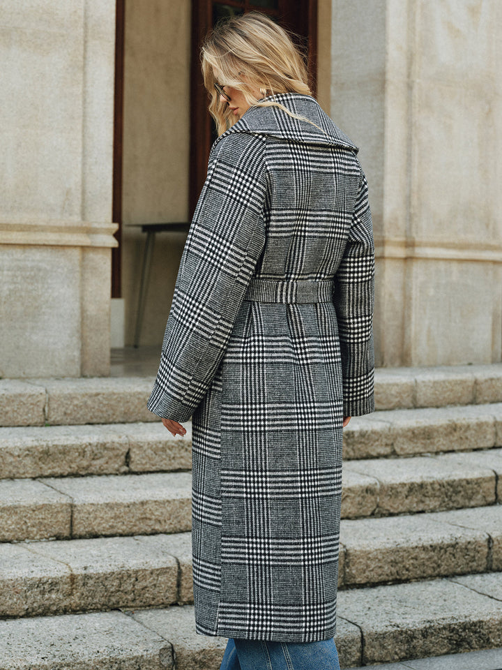 Belted Plaid Tweed Long Coat  Liora Lane Boutique Wool Coats