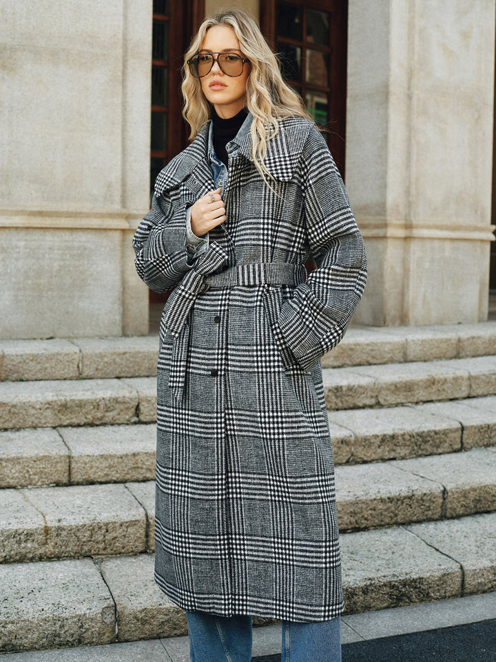 Belted Plaid Tweed Long Coat  Liora Lane Boutique Wool Coats