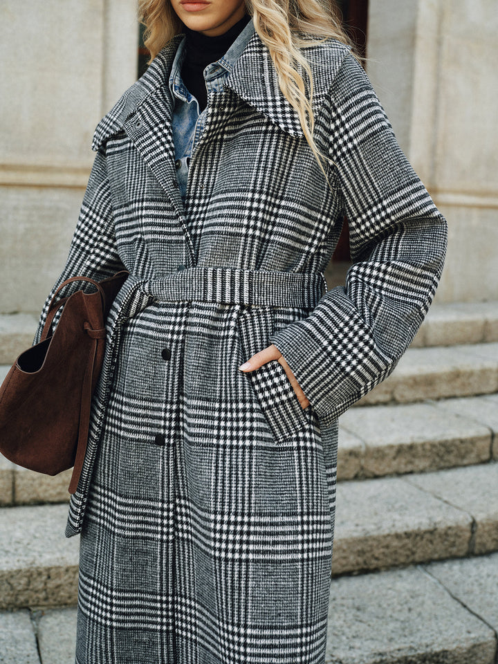 Belted Plaid Tweed Long Coat  Liora Lane Boutique Wool Coats