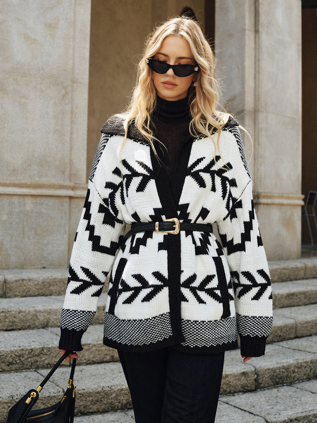 Geometric Pattern Collared Knit Cardigan without Belt  Liora Lane Boutique Cardigans Black / XL 84.99