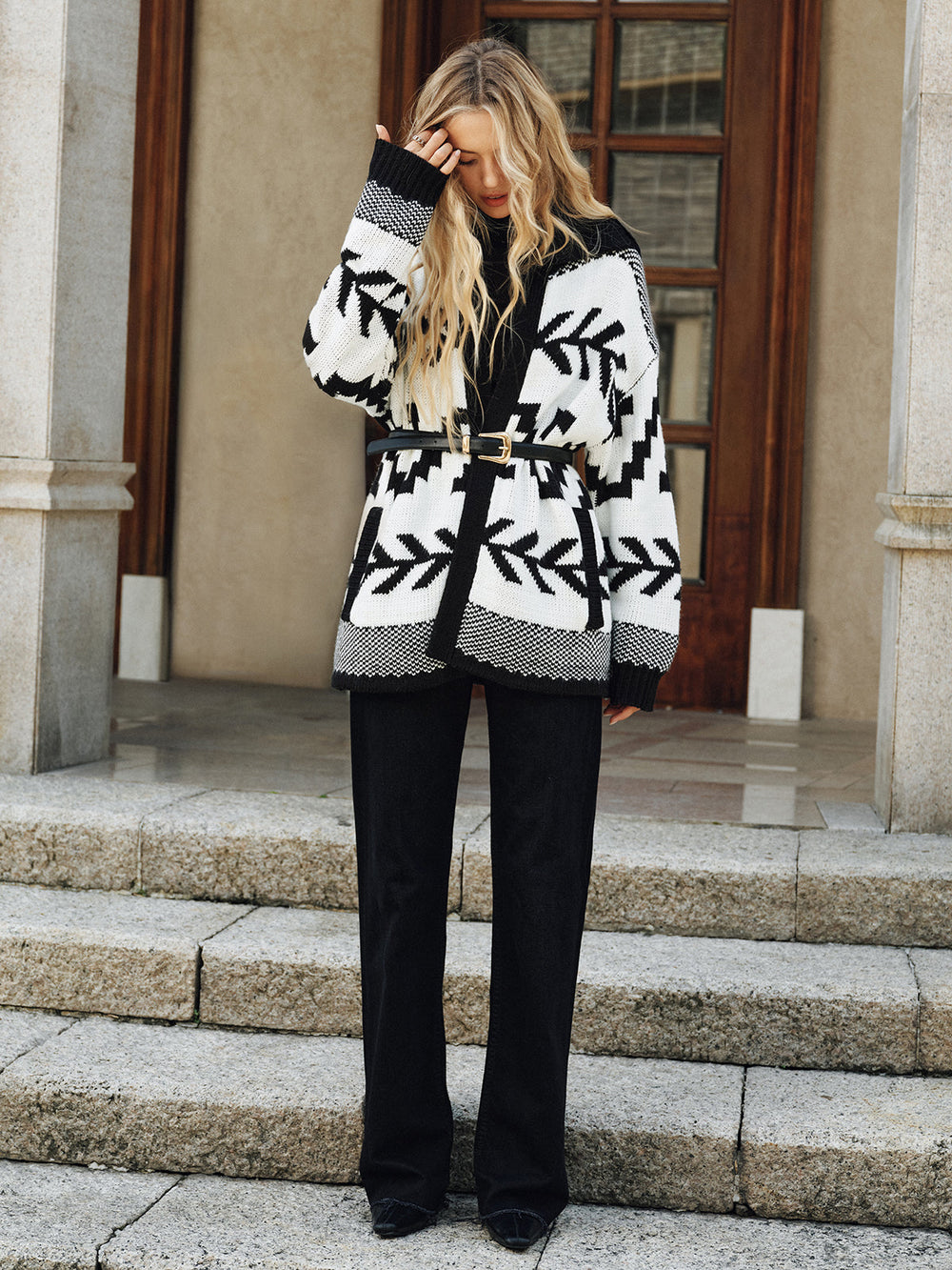 Geometric Pattern Collared Knit Cardigan without Belt  Liora Lane Boutique Cardigans