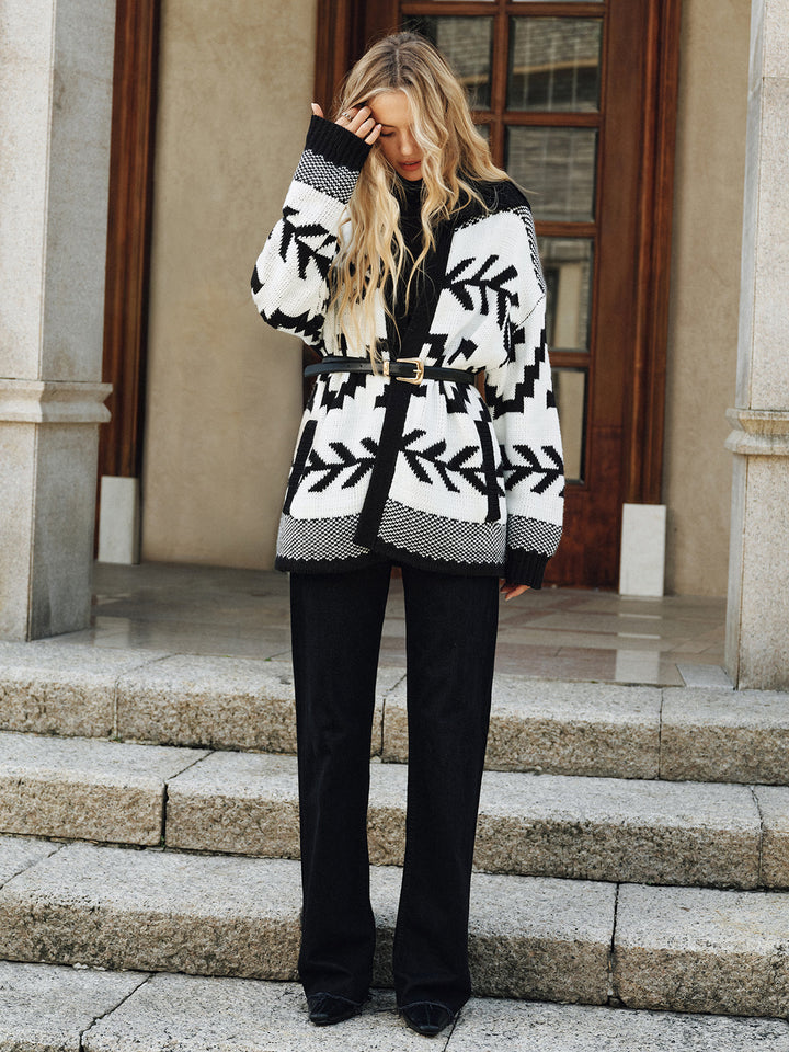 Geometric Pattern Collared Knit Cardigan without Belt  Liora Lane Boutique Cardigans