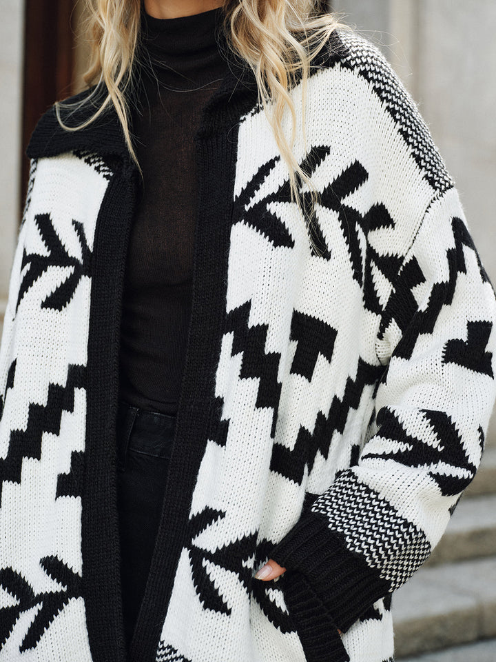 Geometric Pattern Collared Knit Cardigan without Belt  Liora Lane Boutique Cardigans