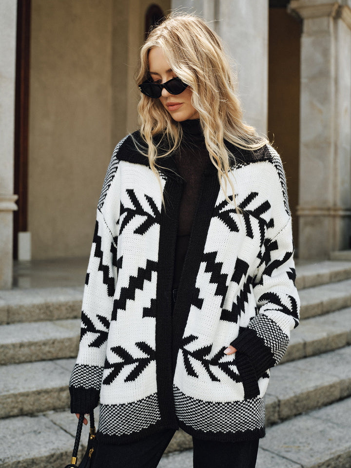 Geometric Pattern Collared Knit Cardigan without Belt  Liora Lane Boutique Cardigans