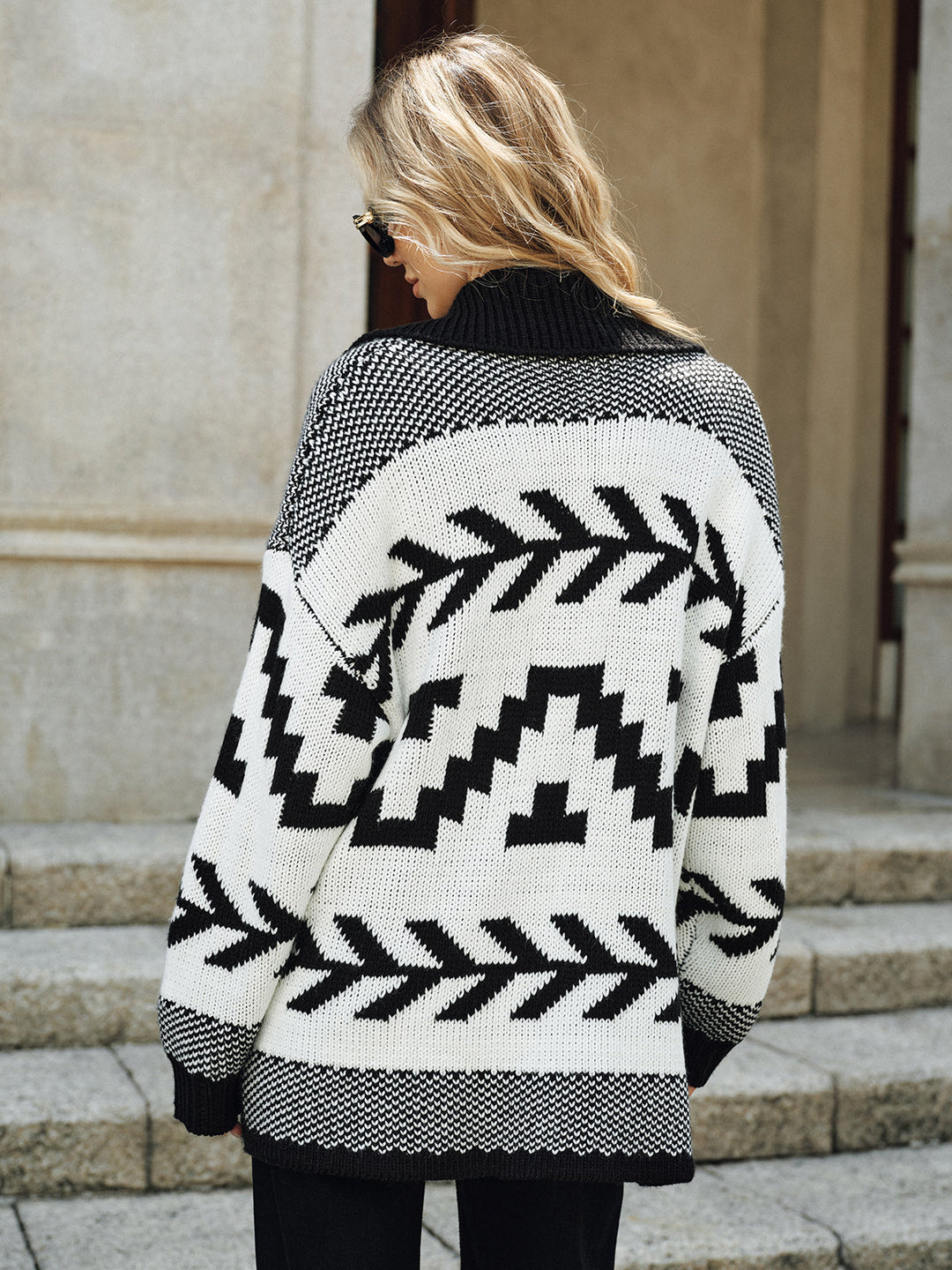 Geometric Pattern Collared Knit Cardigan without Belt  Liora Lane Boutique Cardigans