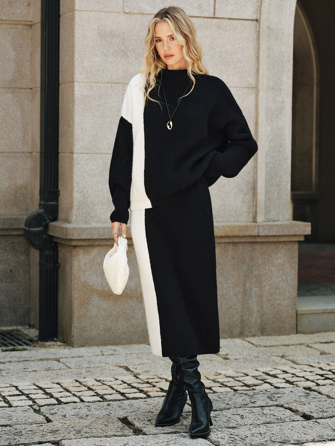 Color-Block Knit Sweater and Midi Skirt Set  Liora Lane Boutique Sweater Co-ords BlackandWhite / XL 108.00