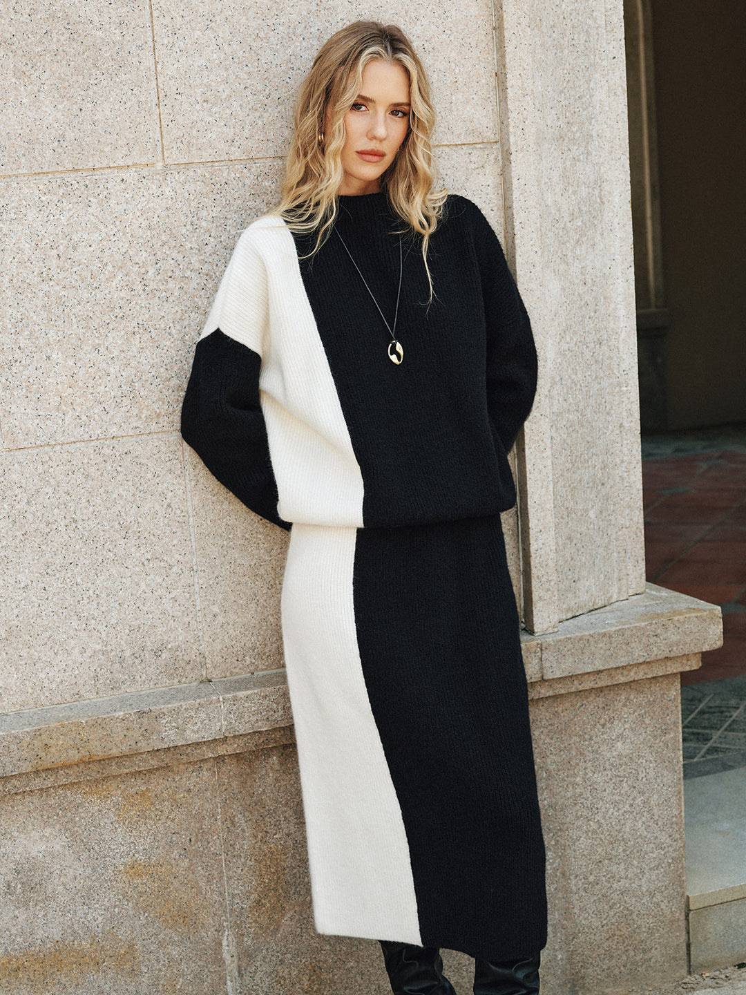 Color-Block Knit Sweater and Midi Skirt Set  Liora Lane Boutique Sweater Co-ords