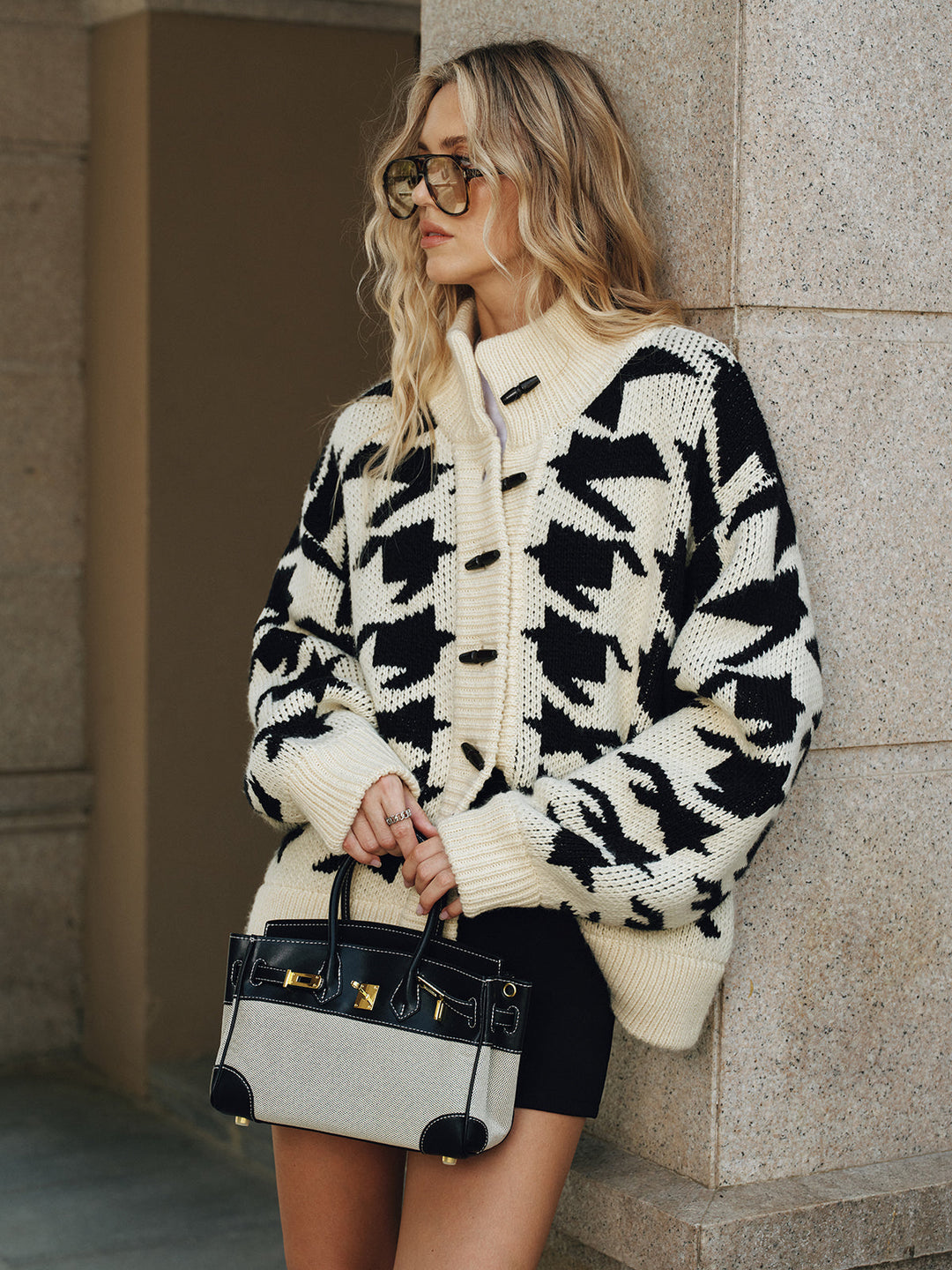 Houndstooth Horn Button Knit Cardigan  Liora Lane Boutique Cardigans