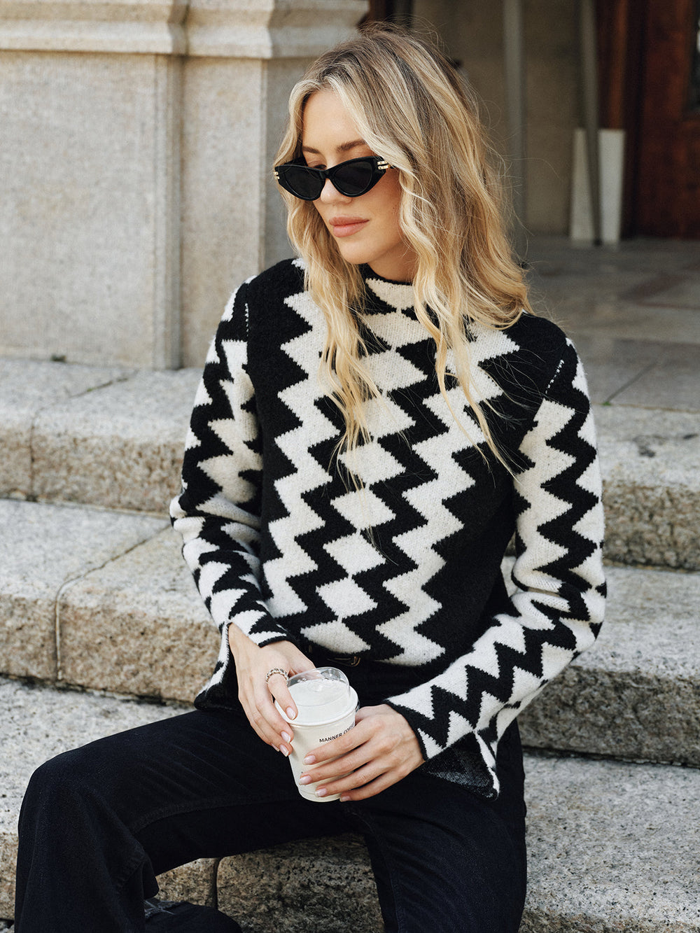 Chevron Pattern Mock Neck Knit Sweater  Liora Lane Boutique Sweaters