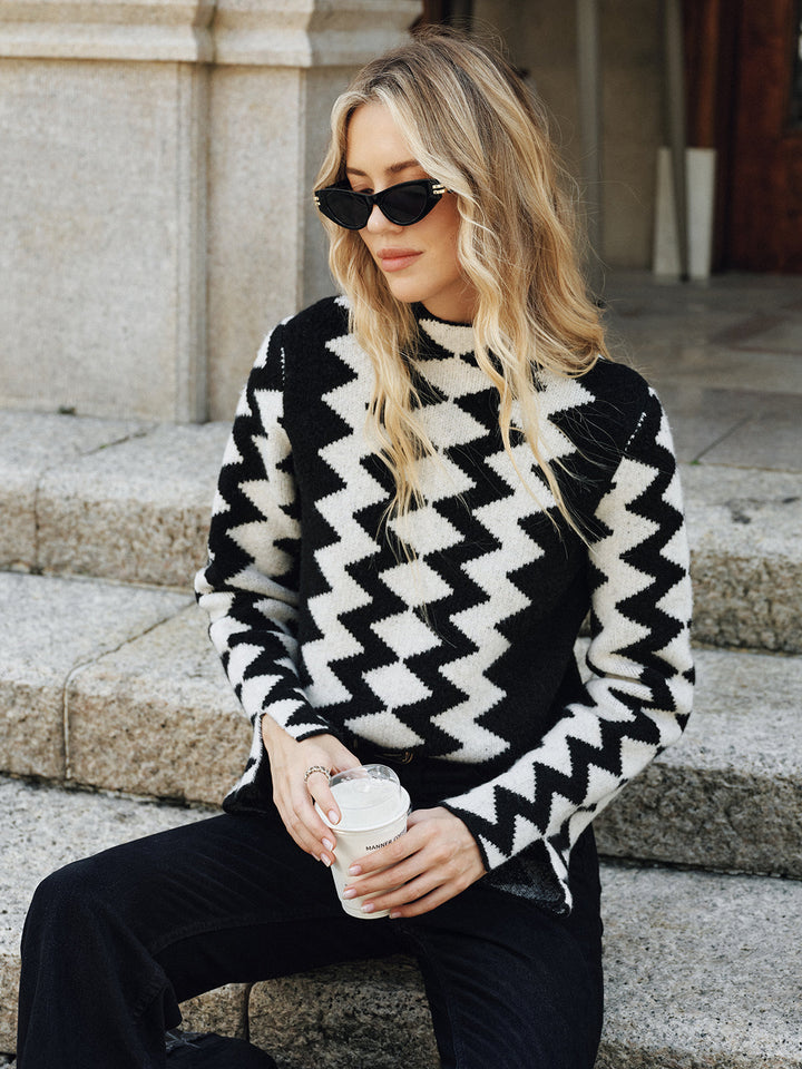 Chevron Pattern Mock Neck Knit Sweater  Liora Lane Boutique Sweaters