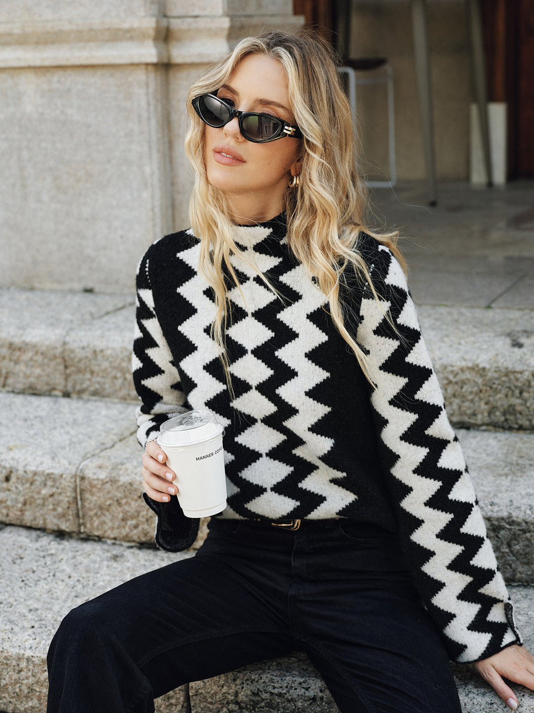 Chevron Pattern Mock Neck Knit Sweater  Liora Lane Boutique Sweaters