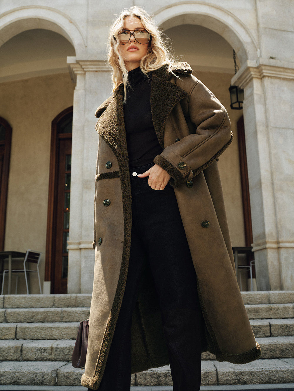 Double-Breasted Fleece Lined Faux Leather Longline Coat  Liora Lane Boutique Women Faux Fur Coats