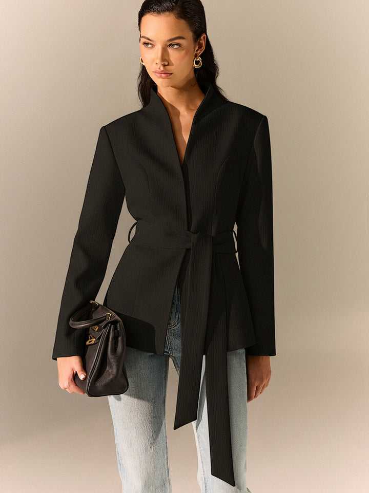Stand Collar Belted Long Sleeve Blazer  Liora Lane Boutique Blazers Black / XL 167.00
