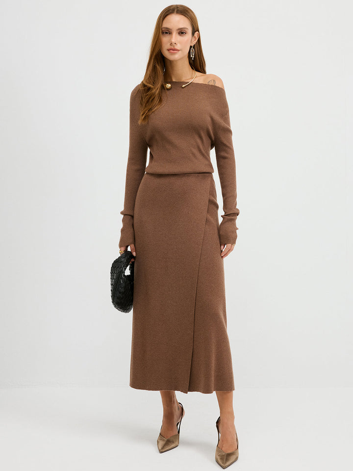 Off-Shoulder Ribbed Wool Blend Maxi Dress  Liora Lane Boutique Sweater Dresses