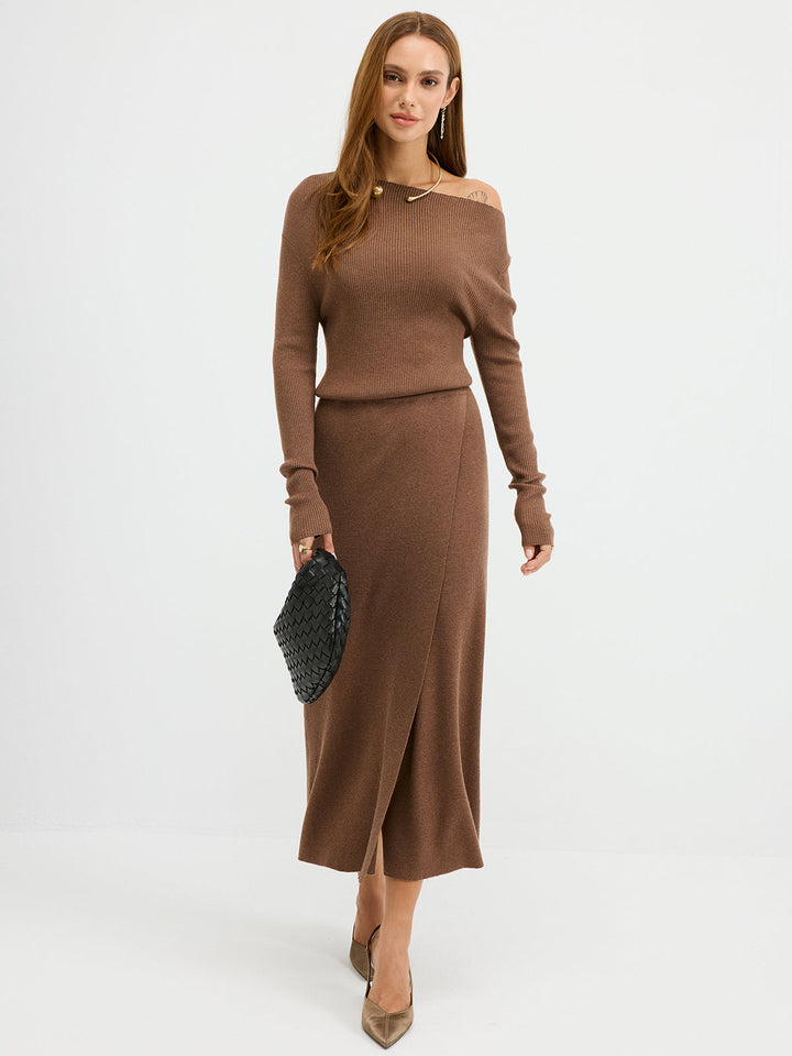 Off-Shoulder Ribbed Wool Blend Maxi Dress  Liora Lane Boutique Sweater Dresses