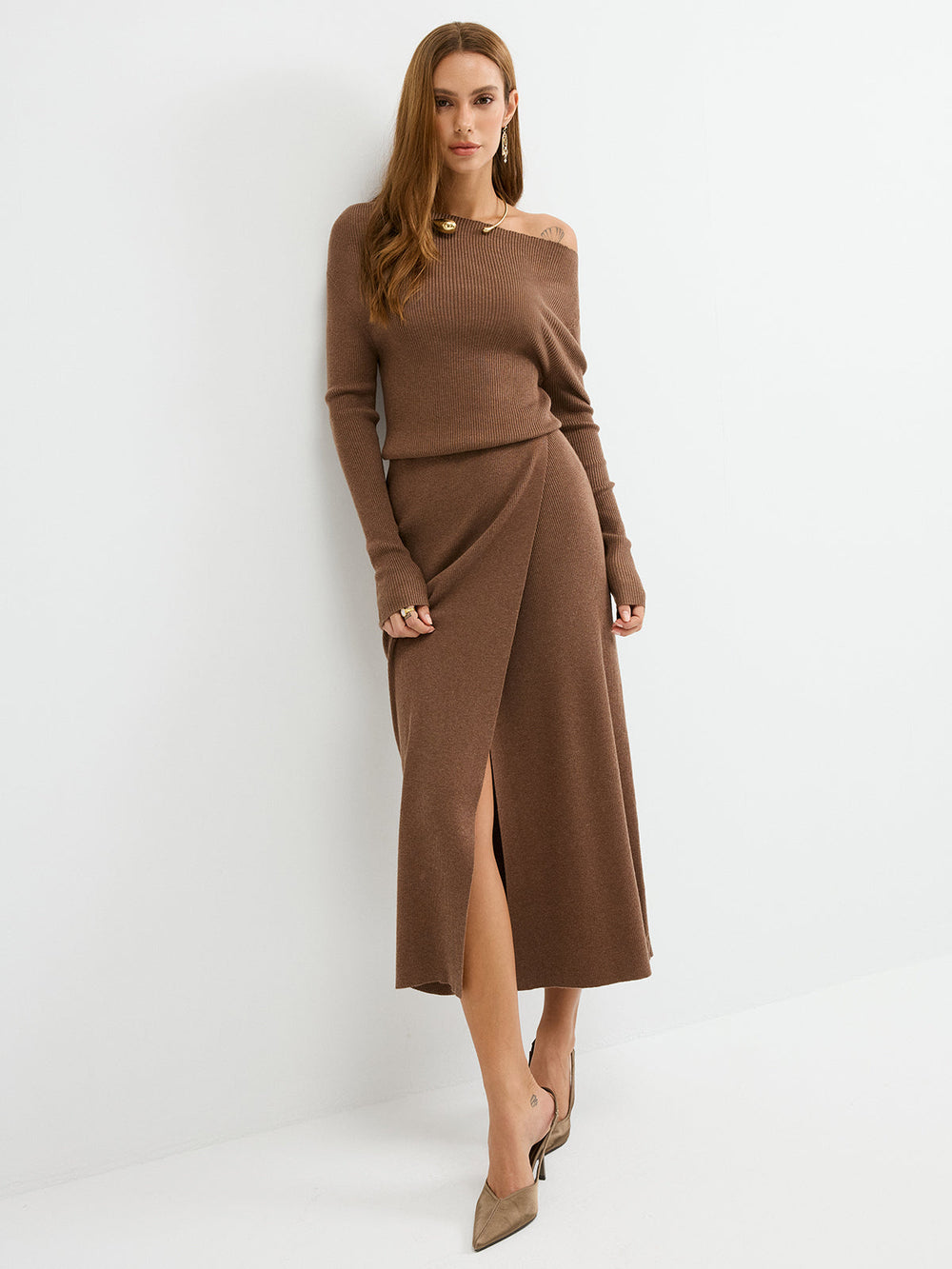 Off-Shoulder Ribbed Wool Blend Maxi Dress  Liora Lane Boutique Sweater Dresses