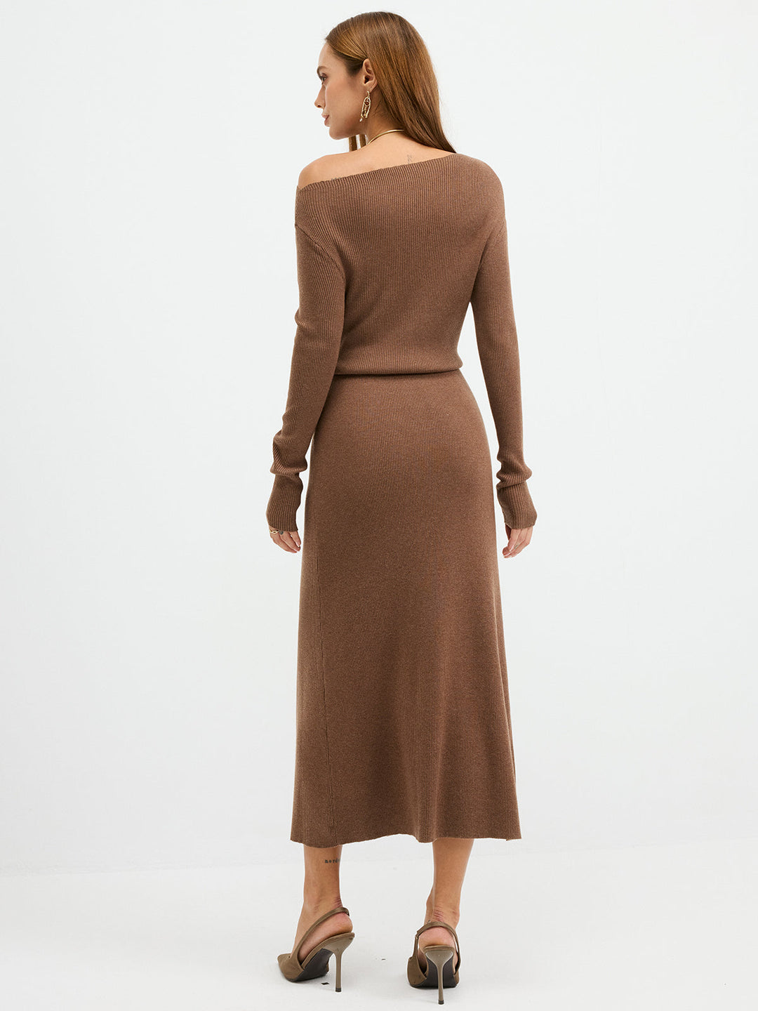 Off-Shoulder Ribbed Wool Blend Maxi Dress  Liora Lane Boutique Sweater Dresses