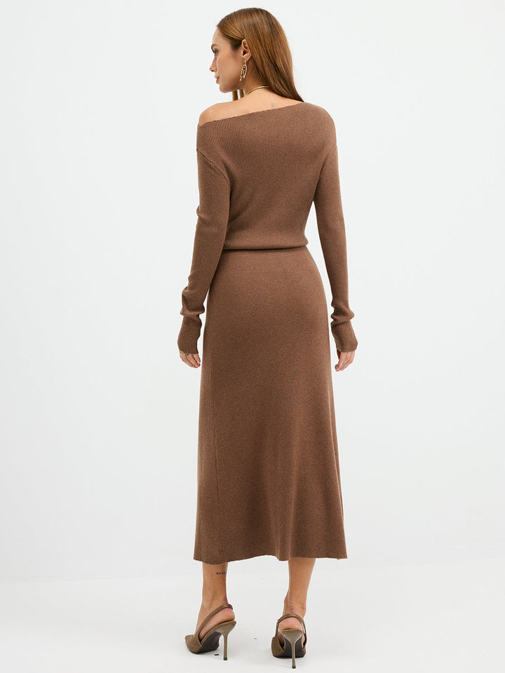 Off-Shoulder Ribbed Wool Blend Maxi Dress  Liora Lane Boutique Sweater Dresses