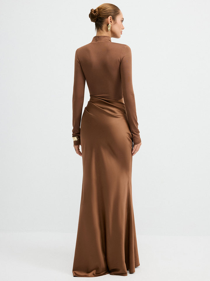Satin Panel Mock Neck Long Sleeve Maxi Dress  Liora Lane Boutique Dresses