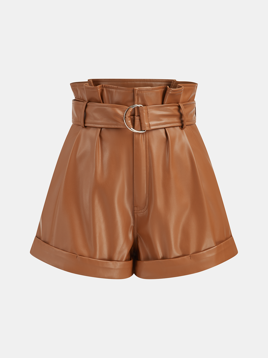 High-Waist PU Leather Cuffed Shorts with Belt  Liora Lane Boutique Shorts OrangeRed / XL 39.00
