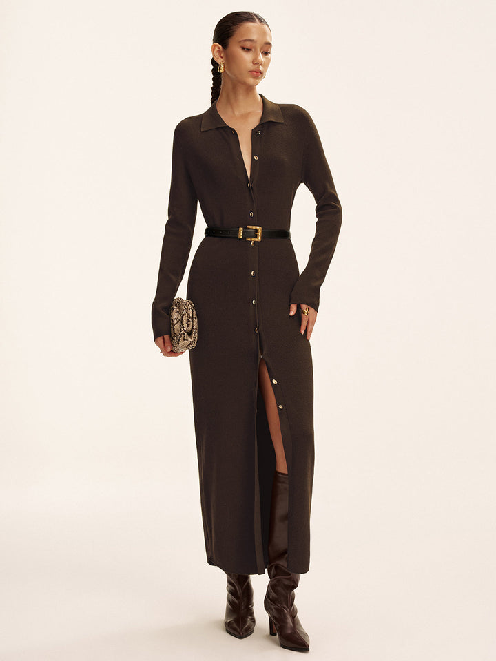 Long Sleeve Button Knit Maxi Dress without Belt  Liora Lane Boutique Sweater Dresses Dark Brown / XL 162.99