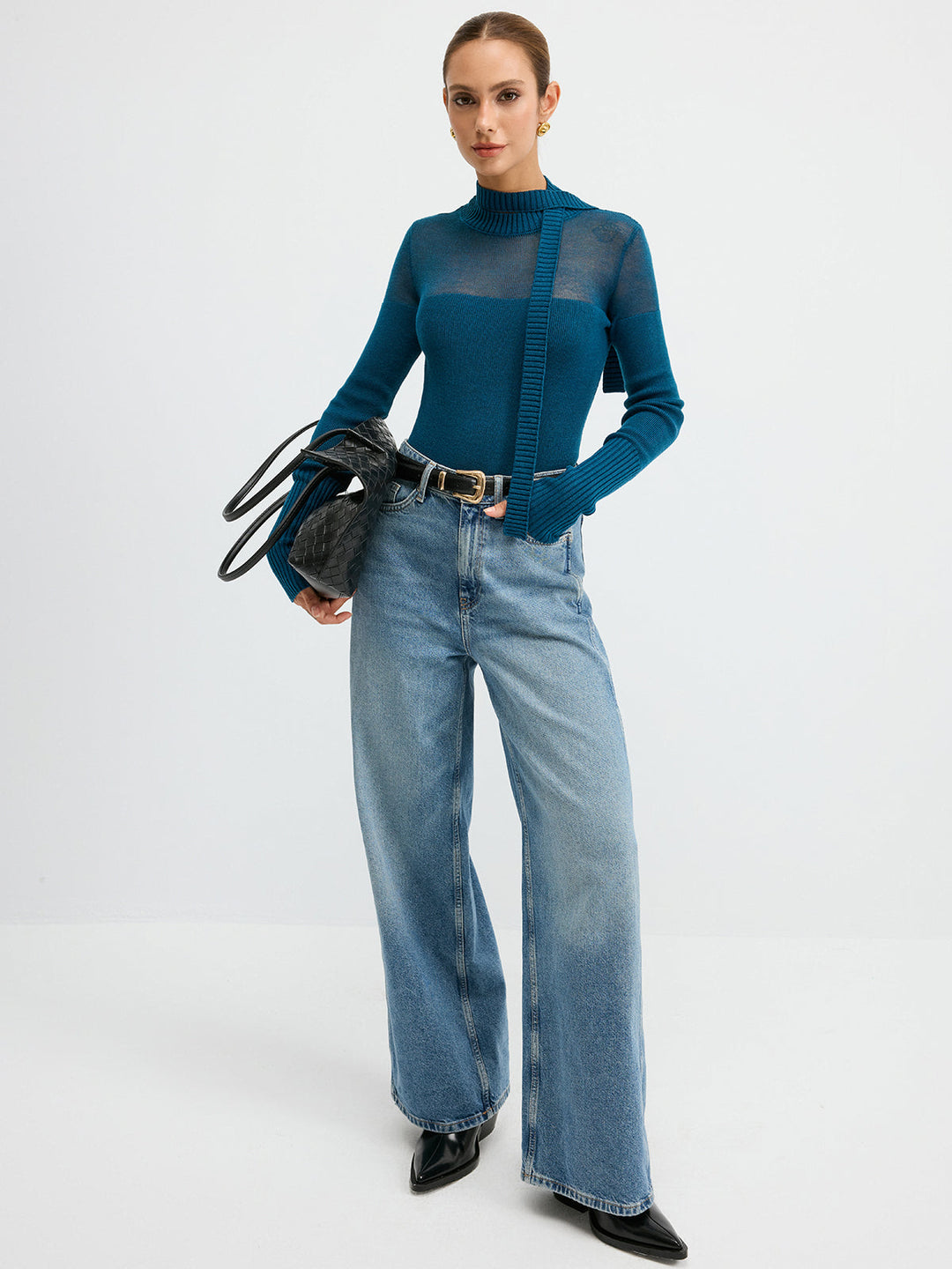 Sheer Panel Tie Neck Wool Blend Knit Top  Liora Lane Boutique Knit Tops