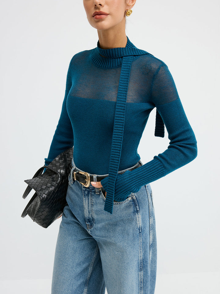 Sheer Panel Tie Neck Wool Blend Knit Top  Liora Lane Boutique Knit Tops