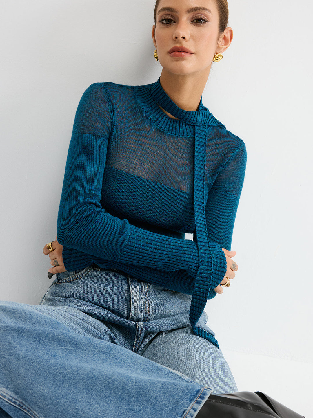 Sheer Panel Tie Neck Wool Blend Knit Top  Liora Lane Boutique Knit Tops Navy / XL 42.00