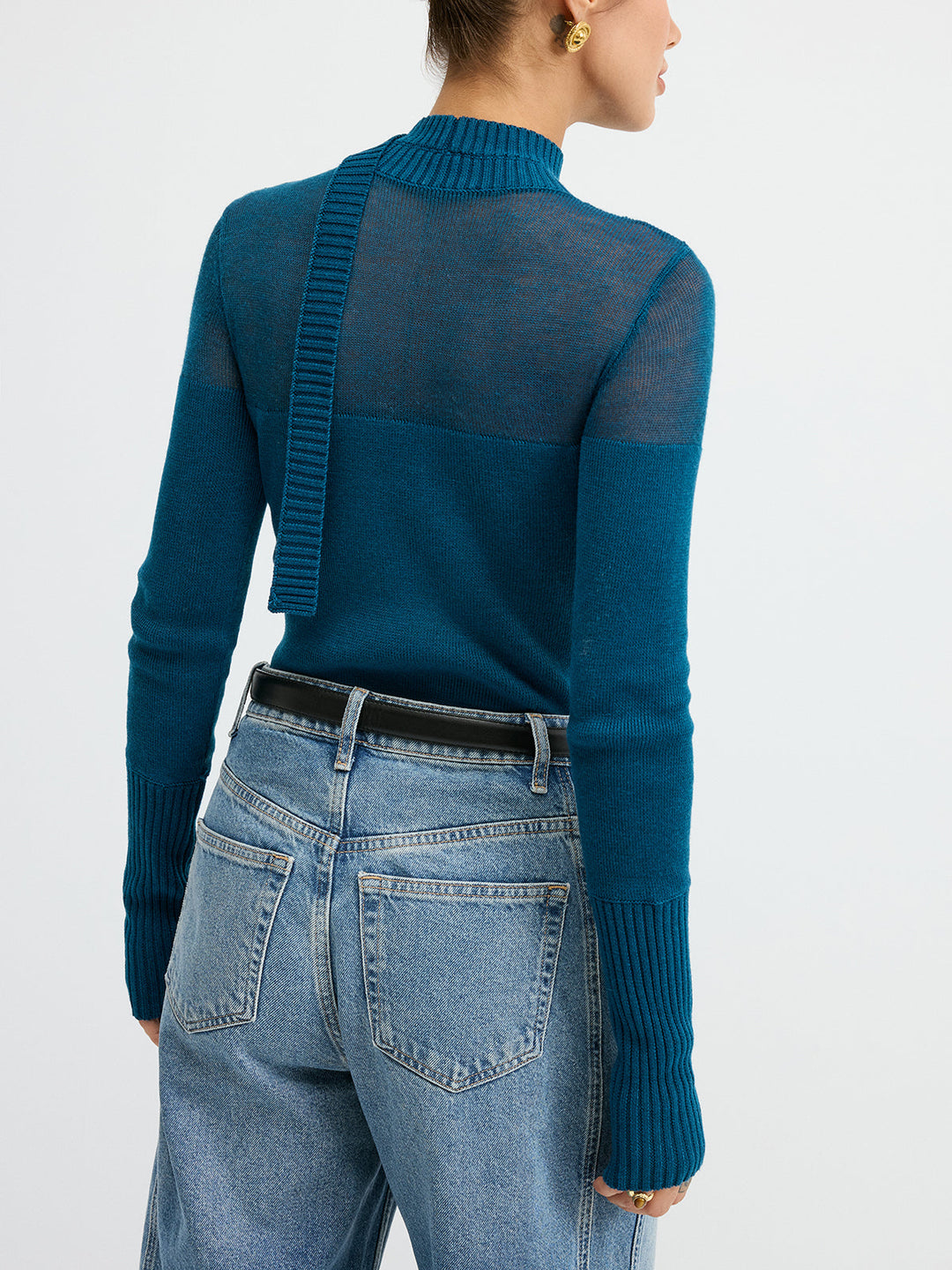 Sheer Panel Tie Neck Wool Blend Knit Top  Liora Lane Boutique Knit Tops