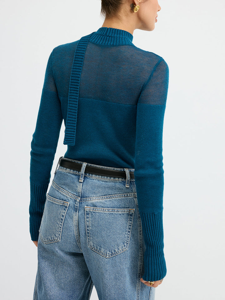 Sheer Panel Tie Neck Wool Blend Knit Top  Liora Lane Boutique Knit Tops