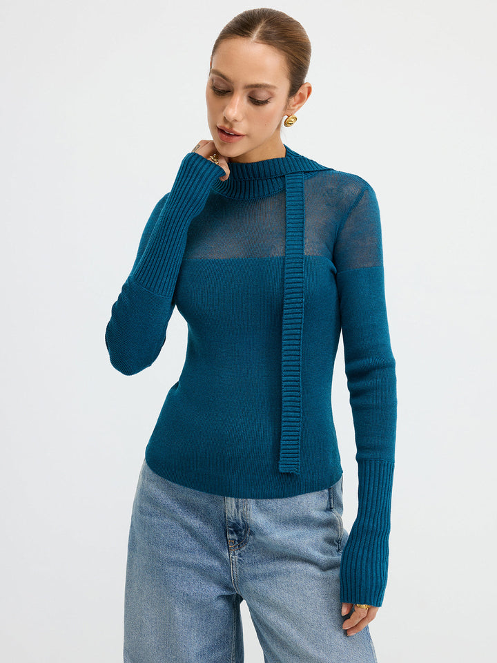 Sheer Panel Tie Neck Wool Blend Knit Top  Liora Lane Boutique Knit Tops