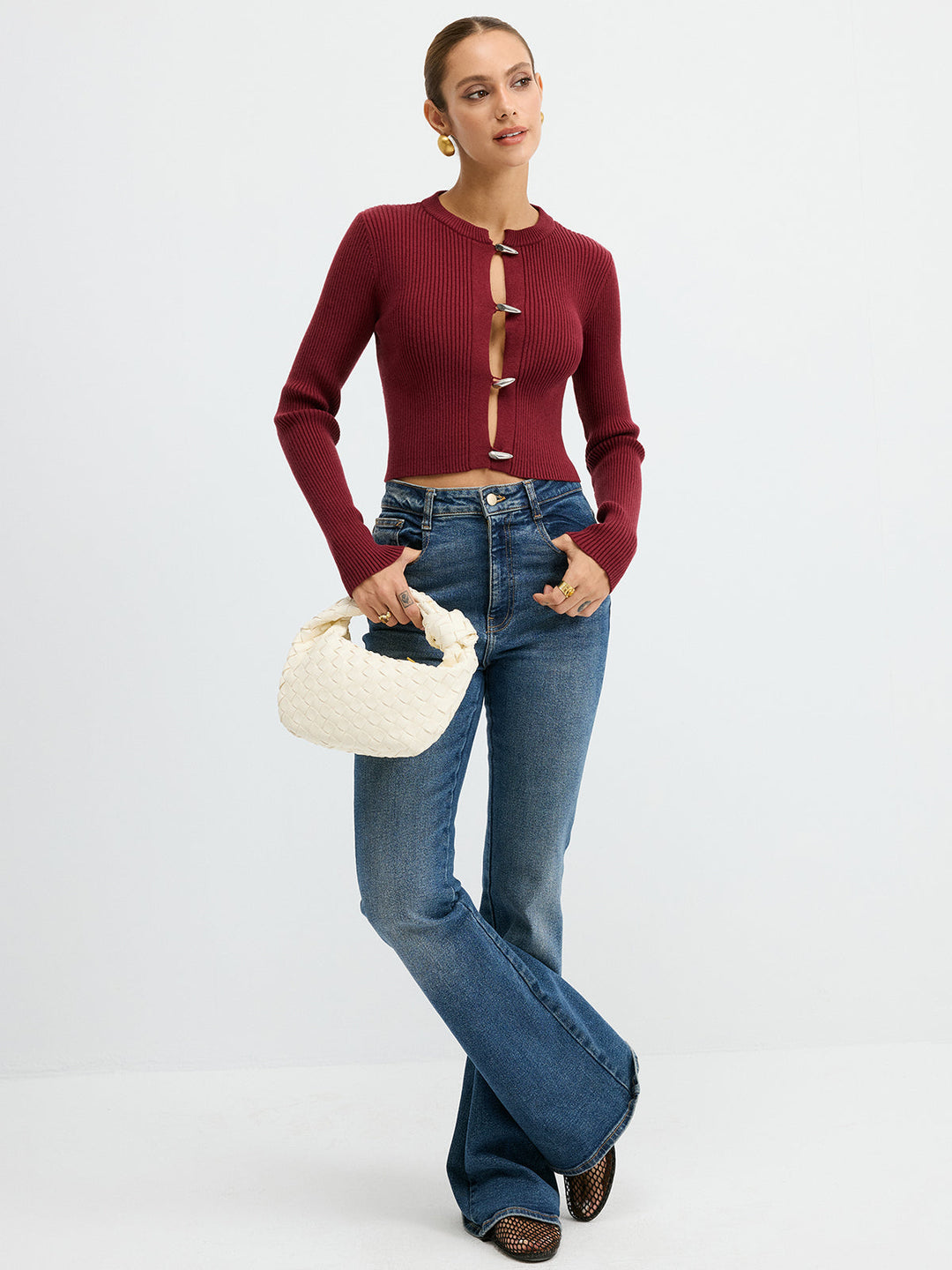 Metal Button Ribbed Fitted Sweater  Liora Lane Boutique Sweaters