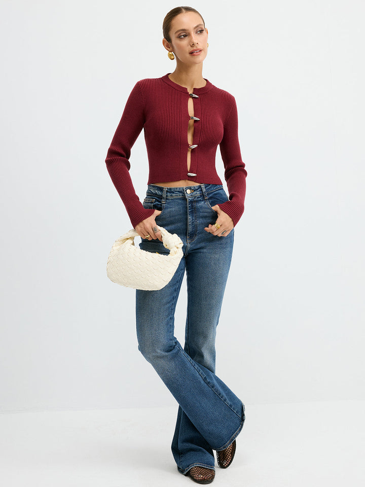 Metal Button Ribbed Fitted Sweater  Liora Lane Boutique Sweaters