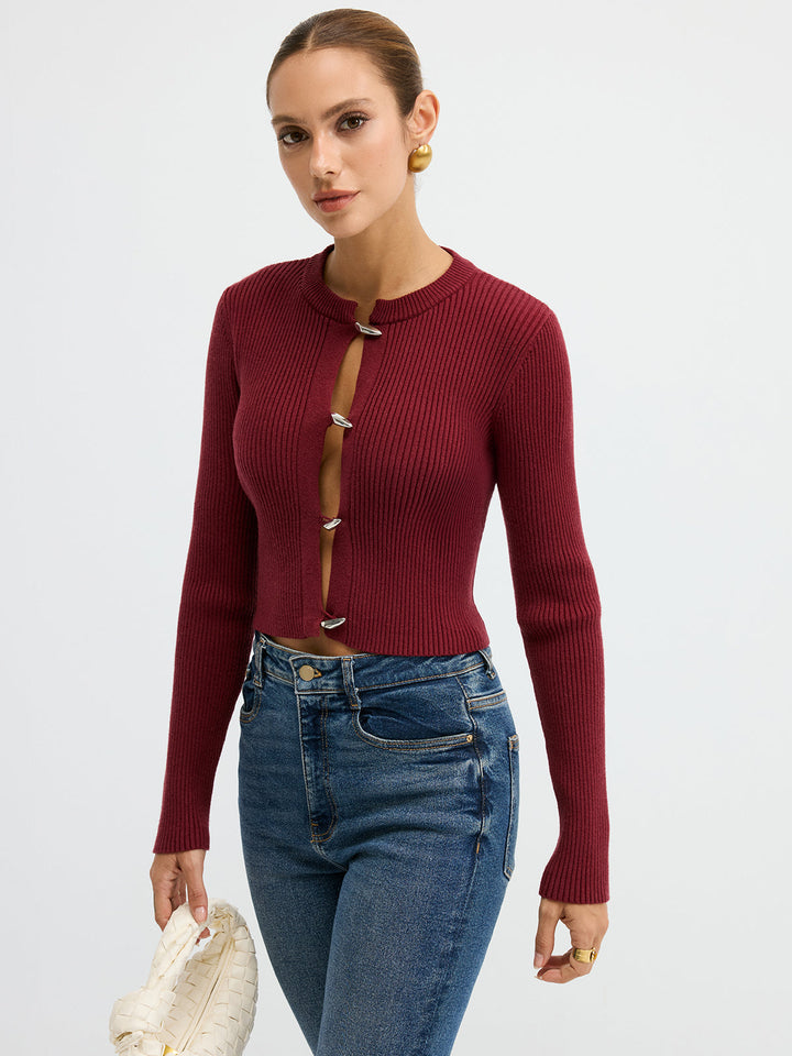 Metal Button Ribbed Fitted Sweater  Liora Lane Boutique Sweaters