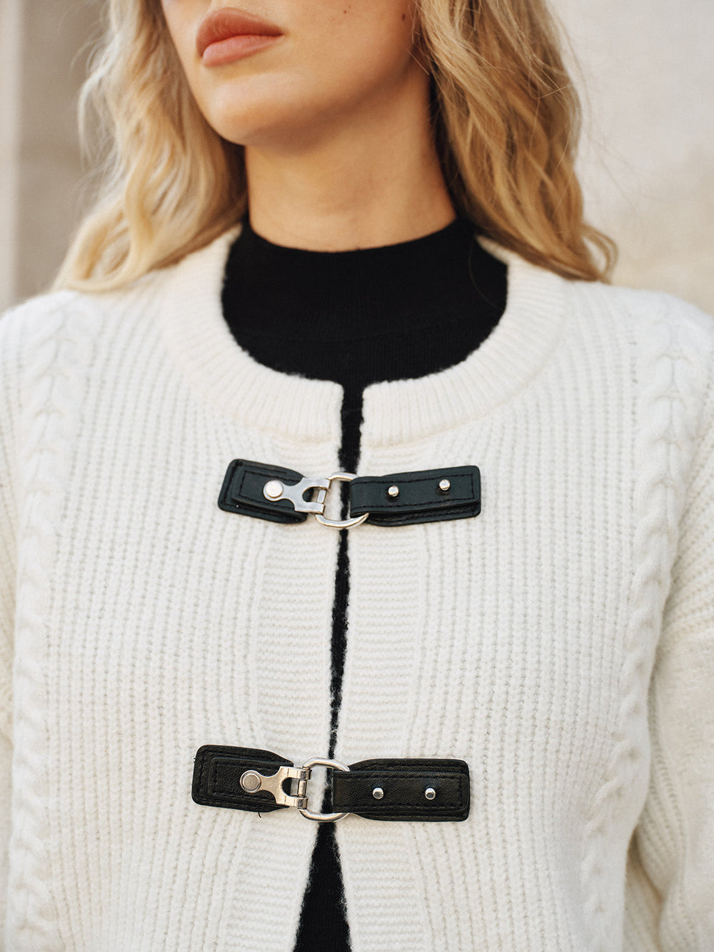 Cable-Knit Cardigan with Buckle Closure  Liora Lane Boutique Cardigans