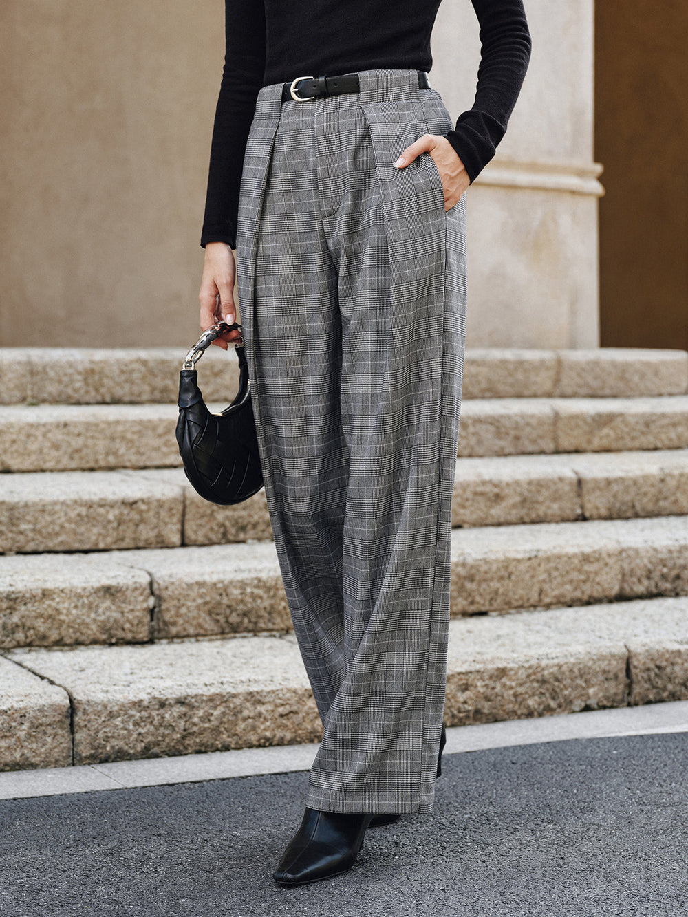 Pleated Plaid Belted Wide-Leg Pants  Liora Lane Boutique Pants