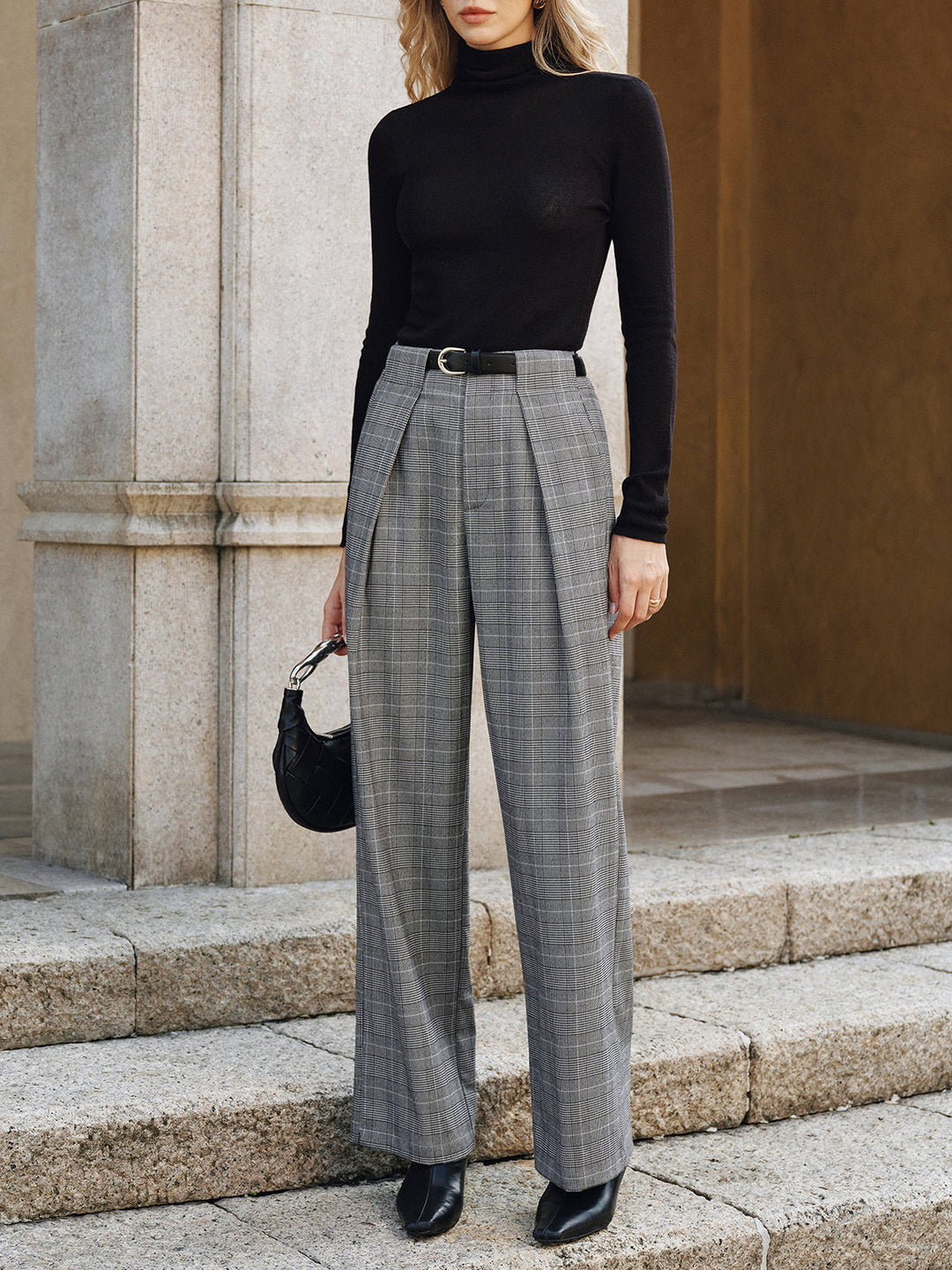 Pleated Plaid Belted Wide-Leg Pants  Liora Lane Boutique Pants