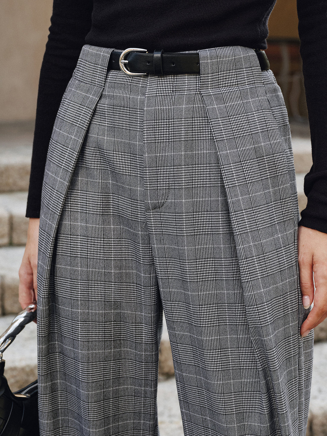 Pleated Plaid Belted Wide-Leg Pants  Liora Lane Boutique Pants