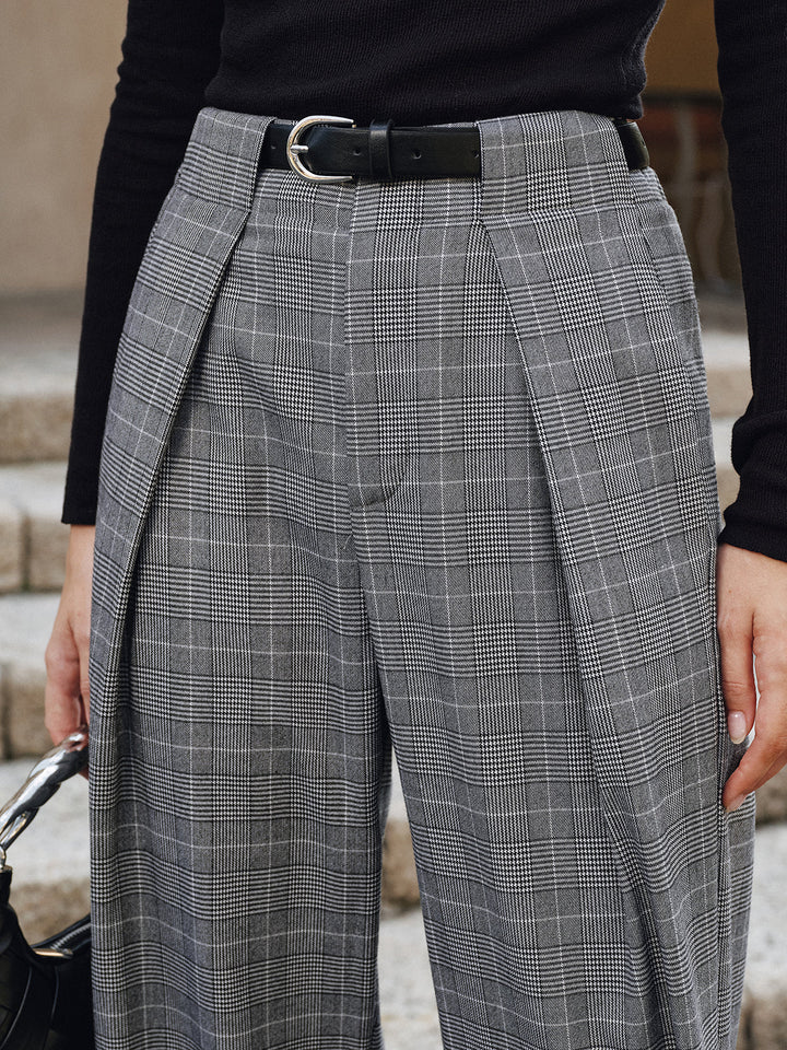 Pleated Plaid Belted Wide-Leg Pants  Liora Lane Boutique Pants