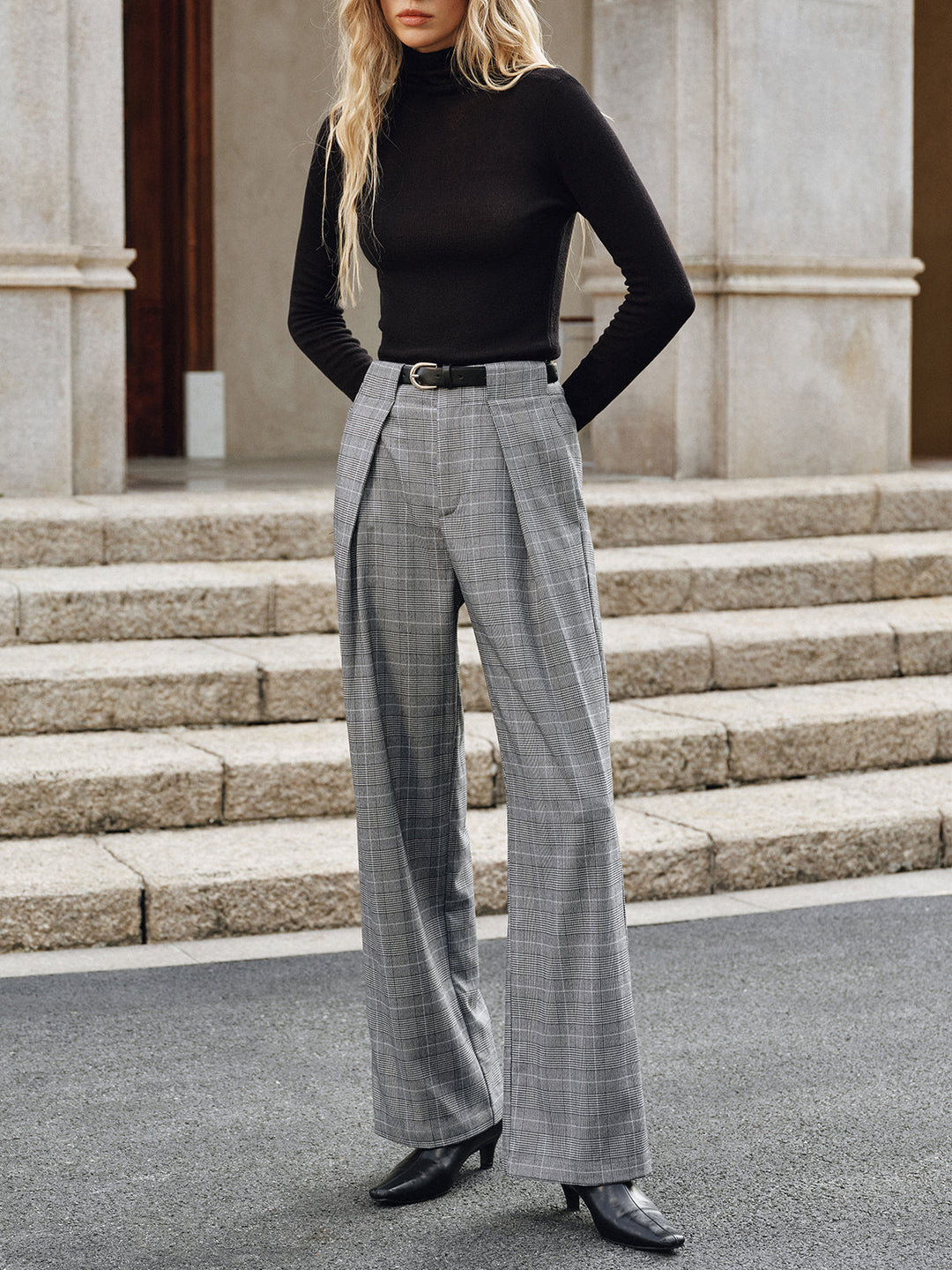 Pleated Plaid Belted Wide-Leg Pants  Liora Lane Boutique Pants