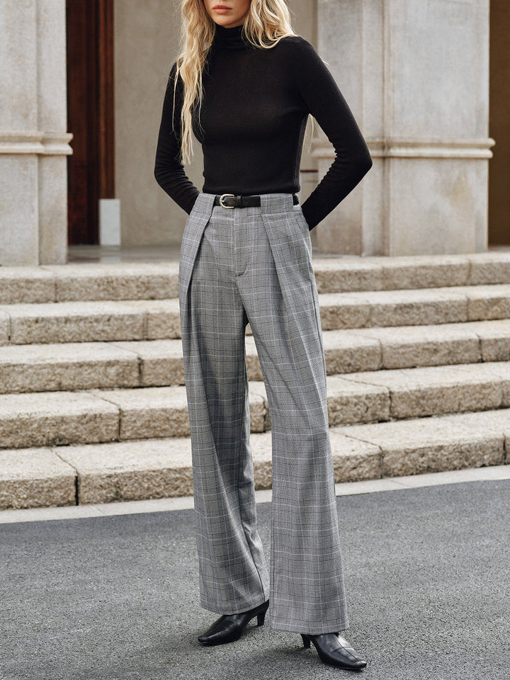 Pleated Plaid Belted Wide-Leg Pants  Liora Lane Boutique Pants