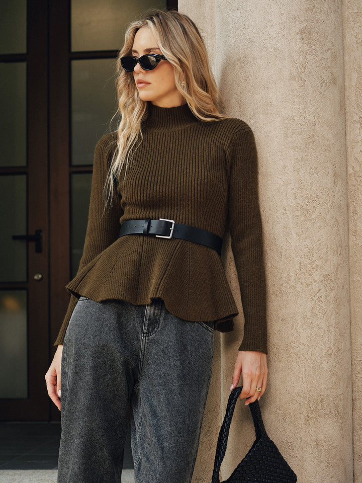 Belted Peplum Turtleneck Knit Top  Liora Lane Boutique Knit Tops