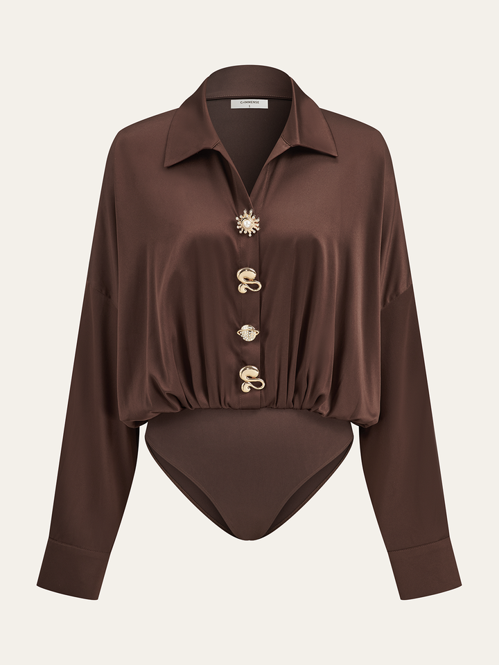 Satin Collar Metal Button Bodysuit  Liora Lane Boutique Bodysuits Dark Brown / XL 45.00