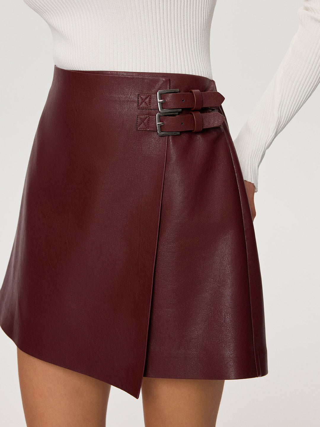 PU Leather Asymmetric Skirt with Double-Belt Detail  Liora Lane Boutique Skirts Burgundy / XL 69.99