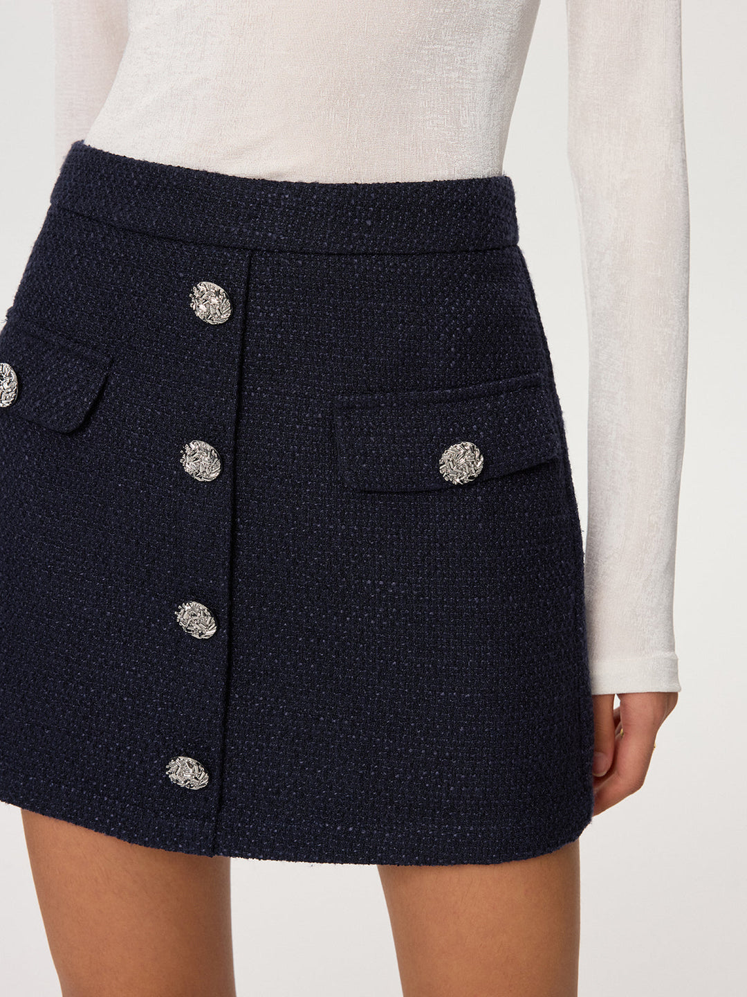 Metal Button Tweed Mini Skirt  Liora Lane Boutique Skirts