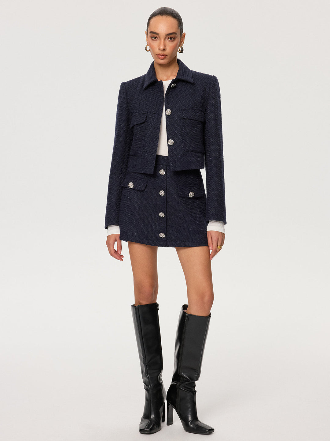 Metal Button Tweed Mini Skirt  Liora Lane Boutique Skirts