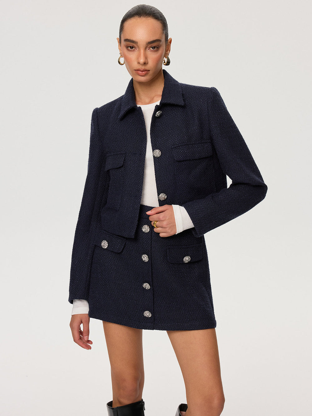 Metal Button Tweed Mini Skirt  Liora Lane Boutique Skirts