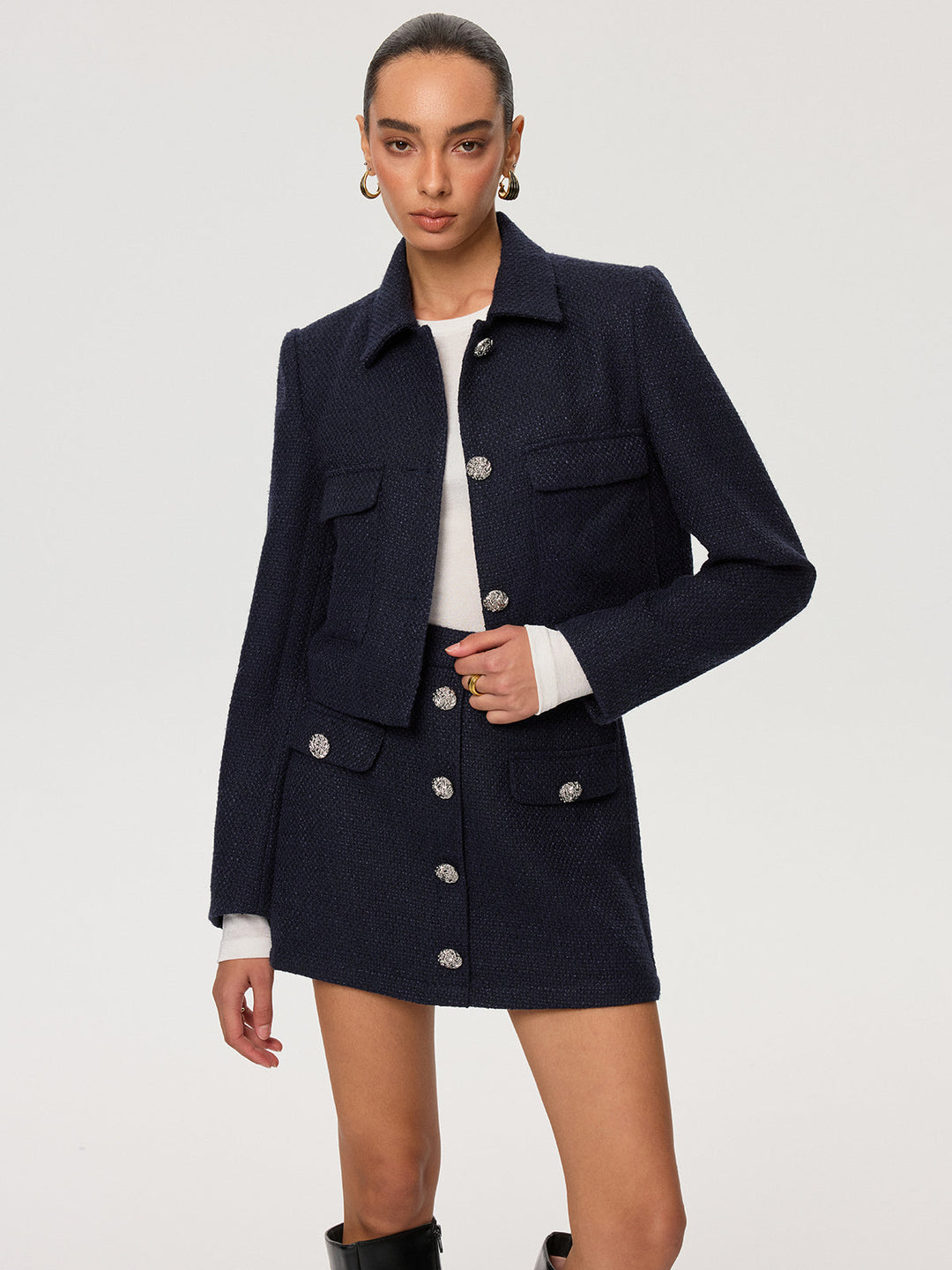 Metal Button Tweed Mini Skirt  Liora Lane Boutique Skirts